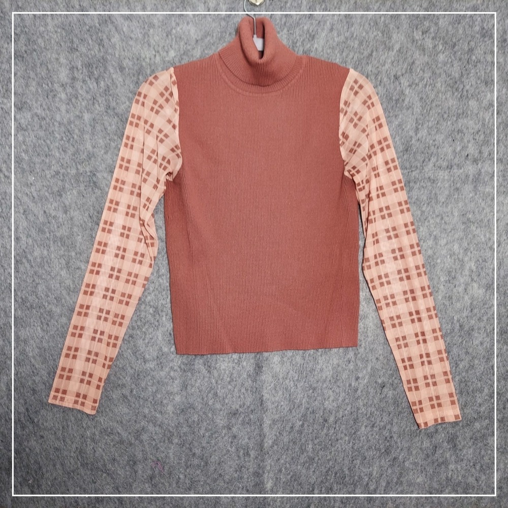 Urban Outfitters BDG Top Women XL Mauve Plaid Mixed Media Ribbed Mesh Sleeve‎